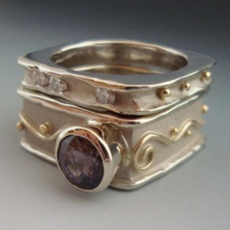 2pc Two-Tone Color Blocking Wide Ring Set for Women, Minimalist Style